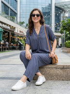 Teal Grey Rayon Slub Co-Ord Set