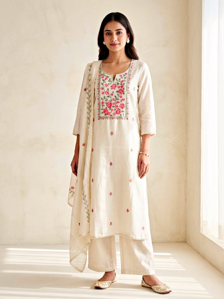 Cream floral cross-stitch cotton linen suit set with embroidered dupatta and kurta, stylish women's traditional dress by KARCHOBI.