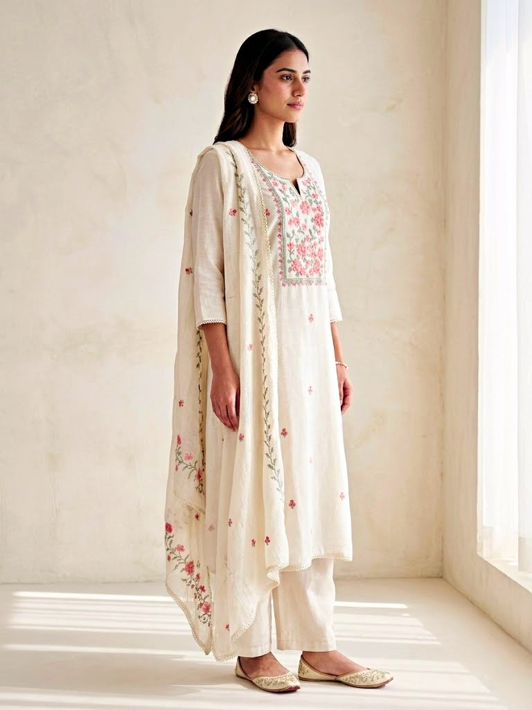 Cream floral cross-stitch embroidered cotton linen suit set with kurta, pants, and dupatta by KARCHOBI, featuring intricate embroidery.