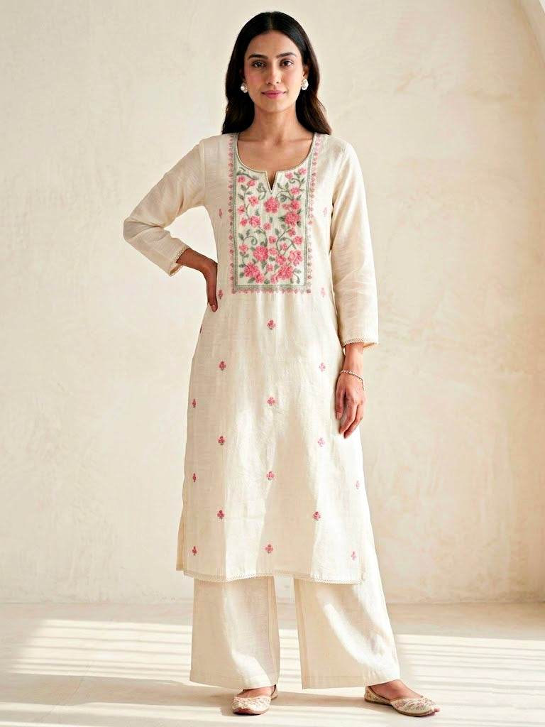 Cream floral cross-stitch cotton linen suit set with embroidered dupatta, featuring kurta and matching pants, by KARCHOBI.