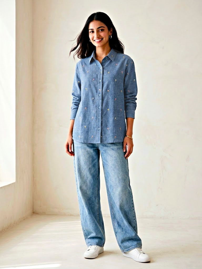 Karchobi denim blue cotton linen shirt with pastel floral embroidery, casual workwear style, short sleeves and button front.