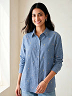 KARCHOBI denim blue shirt with pastel floral embroidery, casual cotton-linen fabric, suitable for work or casual wear.