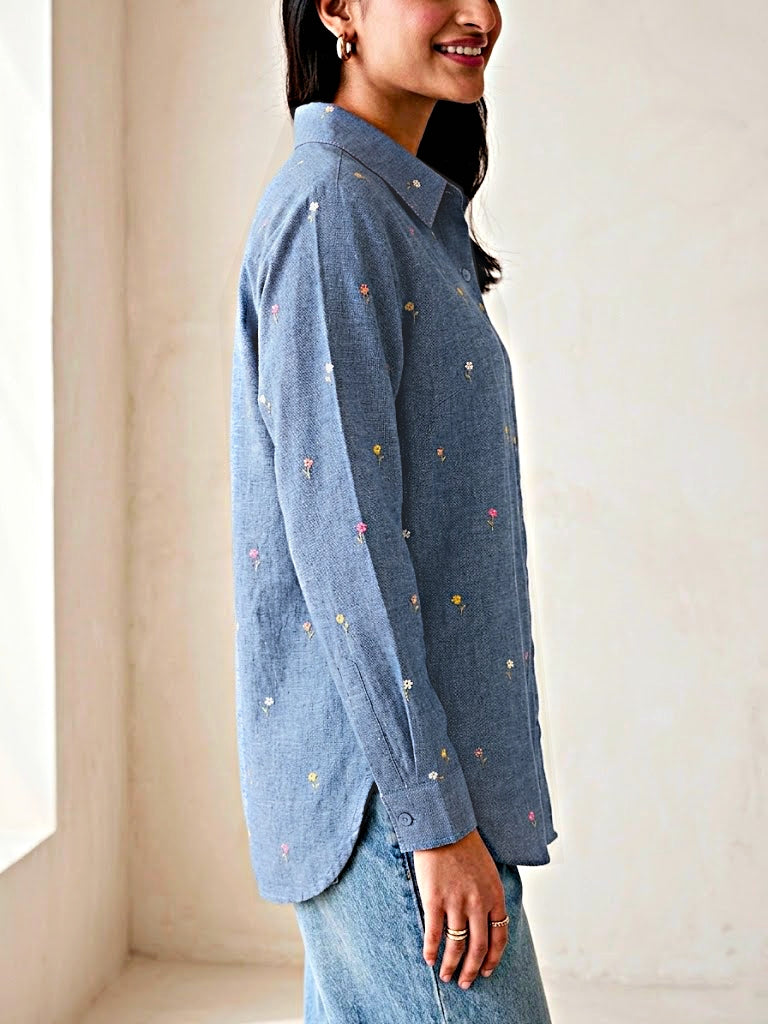 Karchobi denim blue casual shirt with pastel floral embroidery, cotton-linen fabric, suitable for work or casual wear.