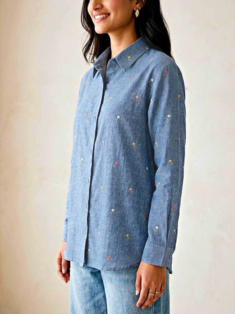 Denim blue cotton linen shirt with pastel floral embroidery, casual workwear style from Karchobi.