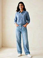 KARCHOBI denim blue cotton linen shirt with pastel floral embroidery, casual wear for work or everyday use.