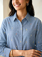 Karchobi denim blue casual shirt with pastel floral embroidery, cotton and linen blend, suitable for work and everyday wear.