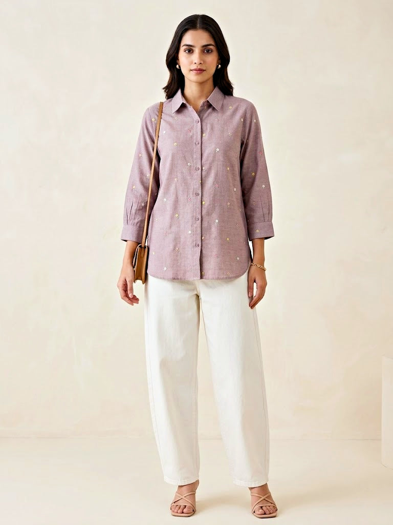 Karchobi dusty rose floral embroidery shirt made of cotton and linen, ideal for casual and work wear.
