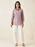 Karchobi dusty rose floral embroidery shirt made of cotton and linen, ideal for casual and work wear.