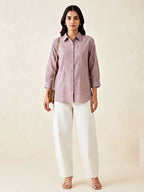 Karchobi dusty rose floral embroidery shirt made of cotton and linen, ideal for casual and work wear.