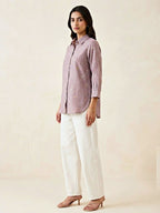 Dusty rose floral embroidery shirt by Karchobi, casual cotton-linen fabric, ideal for work or everyday wear.