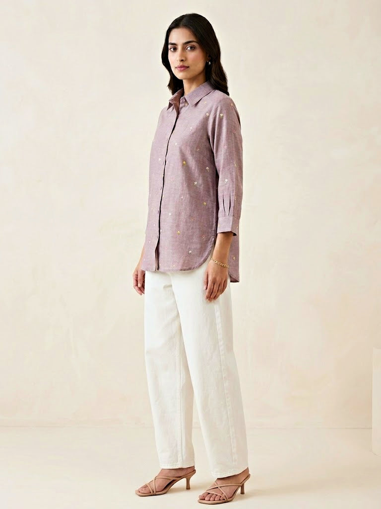 Dusty rose floral embroidery shirt by Karchobi, casual cotton-linen fabric, ideal for work or everyday wear.