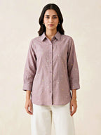 Karchobi dusty rose floral embroidery cotton-linen shirt, casual workwear with pastel floral design, short sleeves, and relaxed fit.