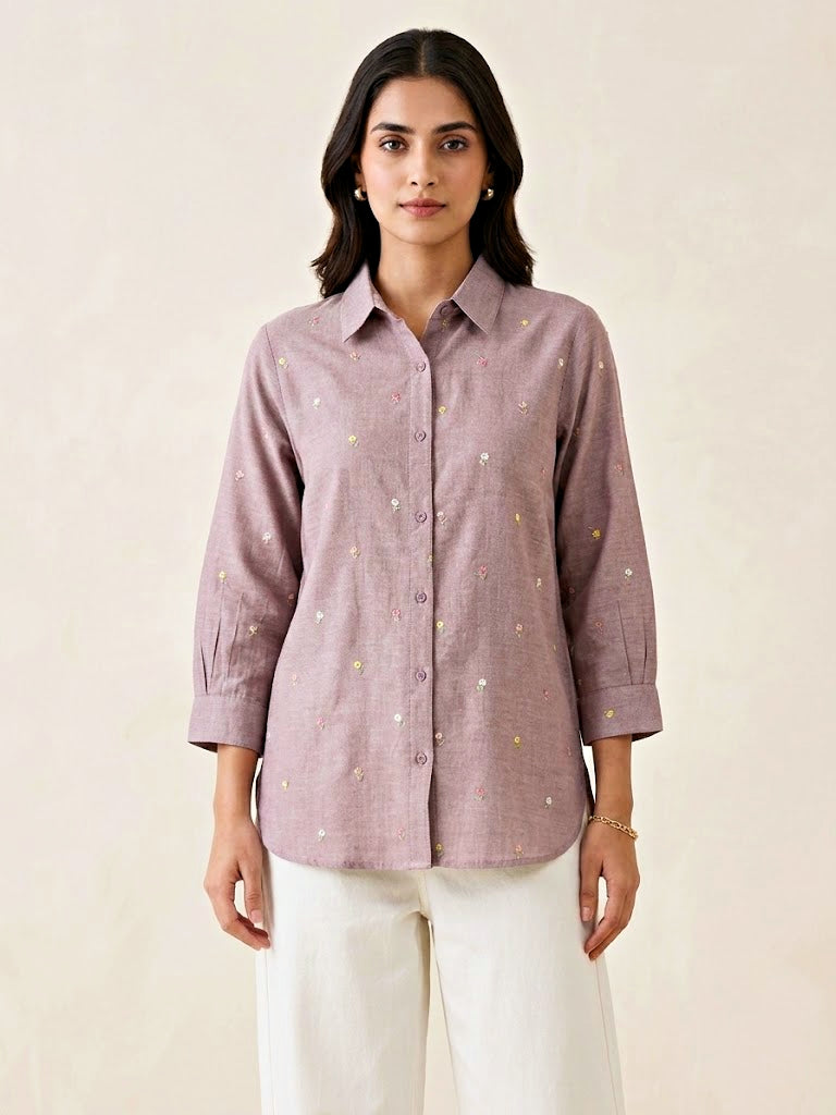 Karchobi dusty rose floral embroidery cotton-linen shirt, casual workwear with pastel floral design, short sleeves, and relaxed fit.