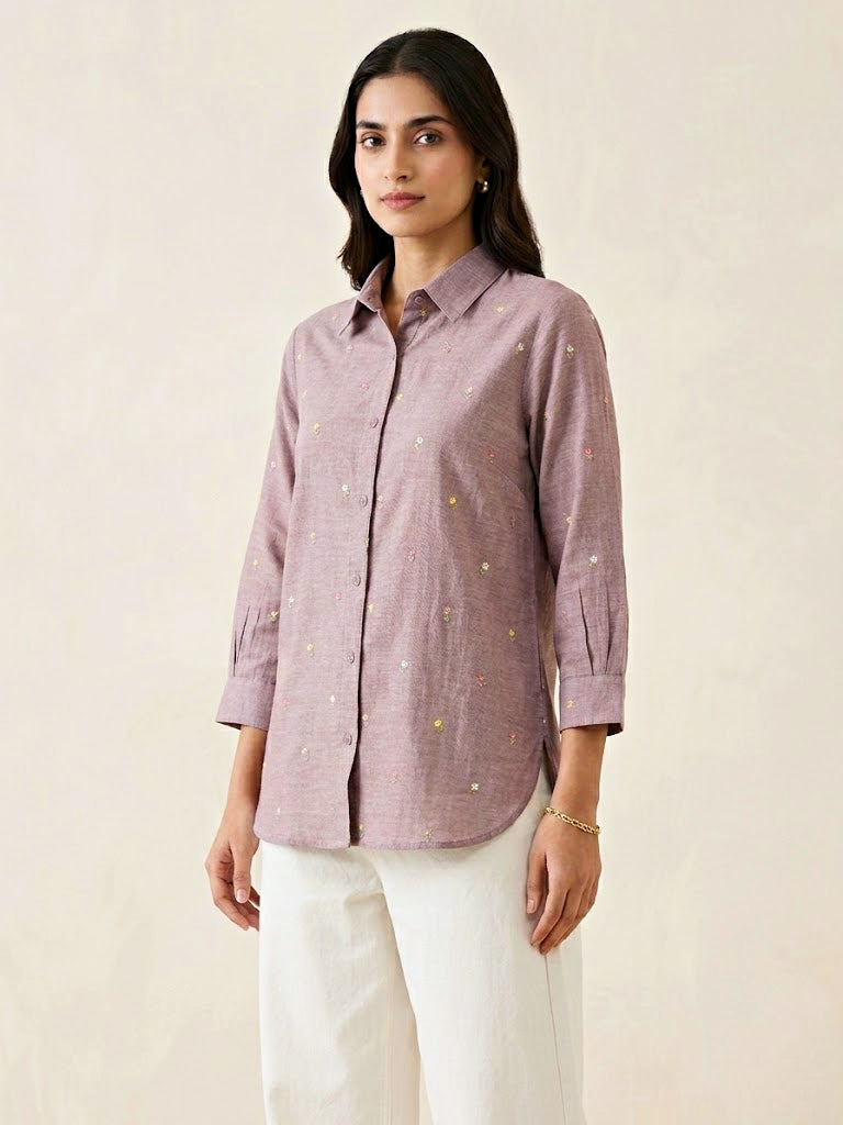 Dusty rose floral embroidery cotton linen shirt by Karchobi, casual wear with pastel floral design, suitable for work or daily use.