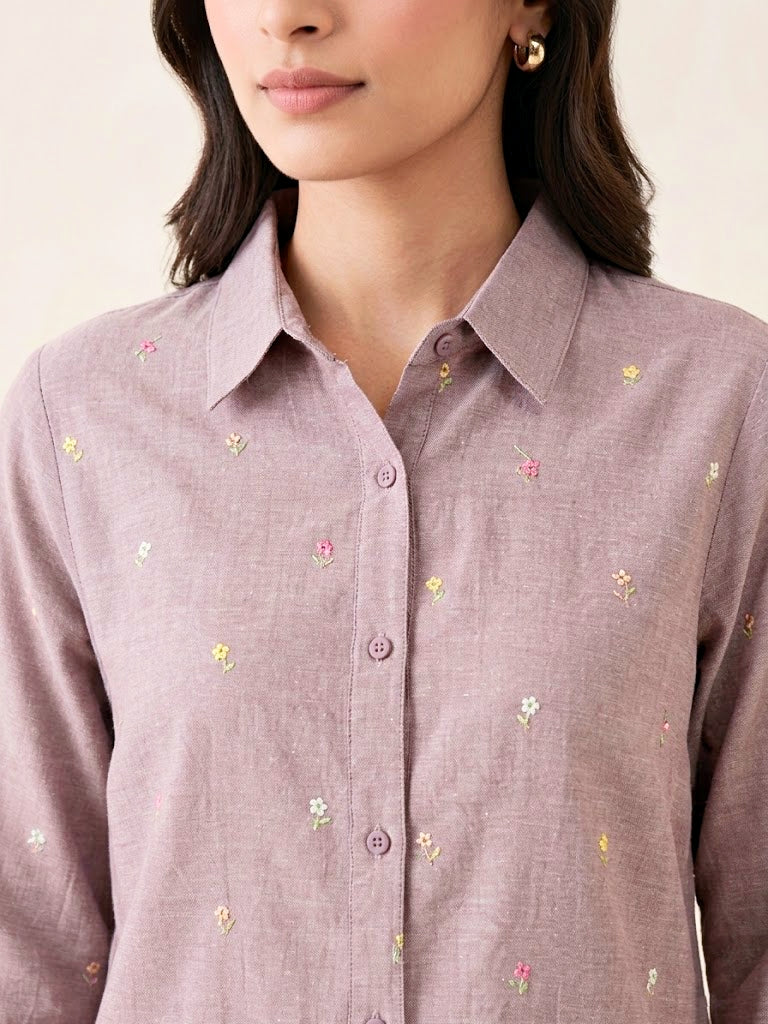 Dusty rose floral embroidery shirt by Karchobi, cotton-linen casual top with pastel floral design for work or everyday wear.