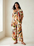 Karchobi off-white abstract print cotton-linen co-ord set featuring a tunic kaftan and wide pants for women.