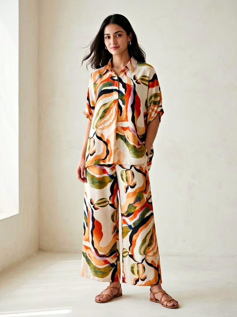 Karchobi off-white abstract print cotton-linen co-ord set featuring a tunic kaftan and wide pants for women.