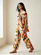 Off-White abstract print co-ord set by Karchobi featuring a cotton-linen kaftan tunic and wide pants for women.