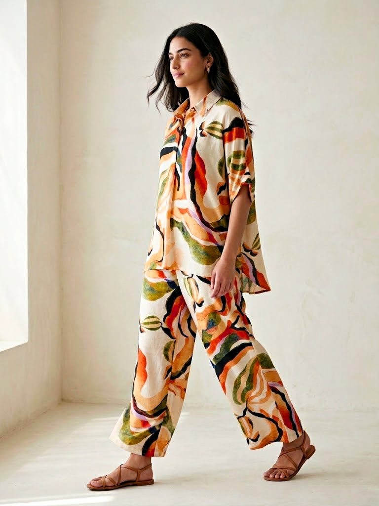 Off-White abstract print co-ord set by Karchobi featuring a cotton-linen kaftan tunic and wide pants for women.
