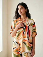 Off-White abstract print co-ord set by KARCHOBI featuring a cotton-linen kaftan tunic and wide pants for women.