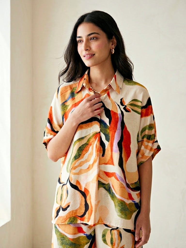 Off-White abstract print co-ord set by KARCHOBI featuring a cotton-linen kaftan tunic and wide pants for women.