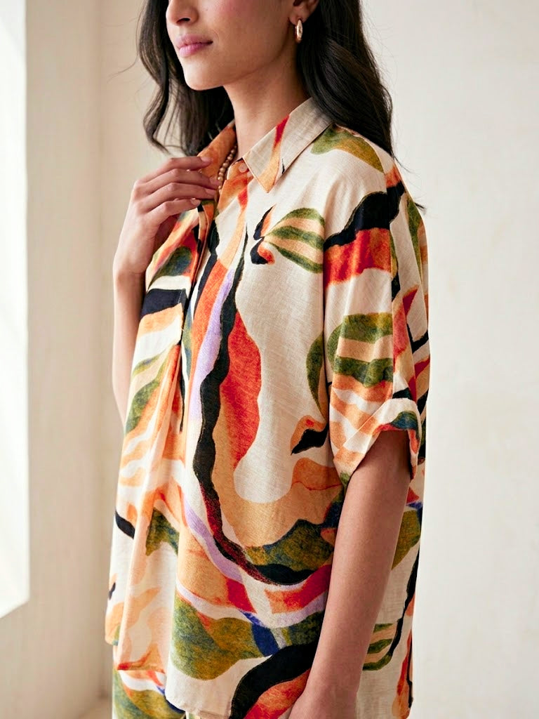 Off-White abstract print co-ord set by KARCHOBI featuring a cotton-linen kaftan tunic and wide pants for women.