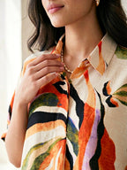 Off-White abstract print co-ord set by KARCHOBI featuring a cotton-linen kaftan tunic and wide pants for women.