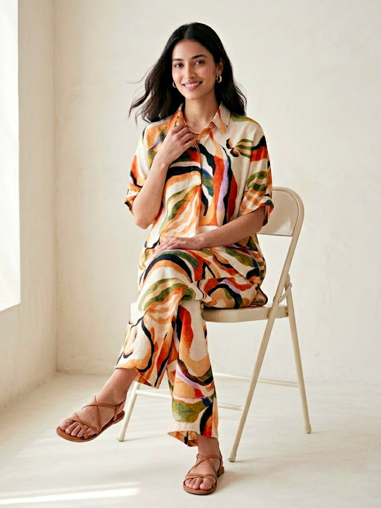 Off-White abstract print co-ord set by KARCHOBI featuring a cotton-linen kaftan tunic and wide pants for women.