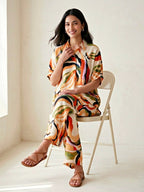 Off-White abstract print co-ord set by KARCHOBI featuring a cotton-linen kaftan tunic and wide pants for women.