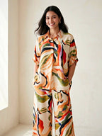 Off-White abstract print co-ord set by KARCHOBI featuring a cotton-linen kaftan tunic and wide pants for women.