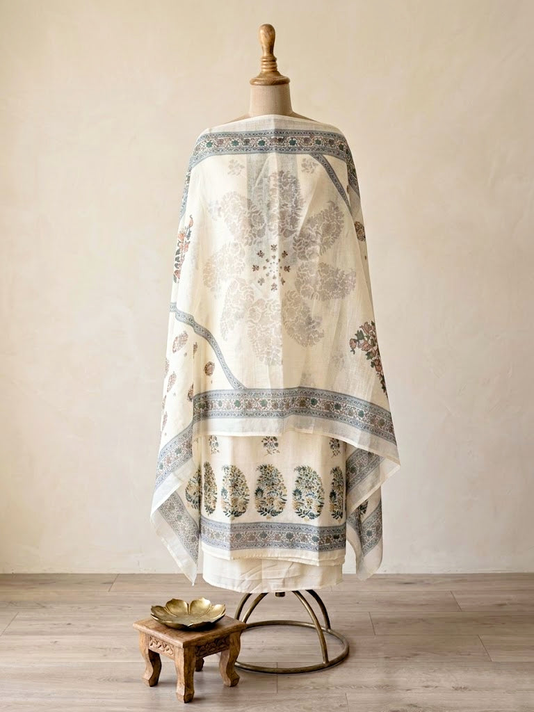 Off-white cotton linen unstitched suit set with floral paisley prints, including kurta, pants, and dupatta from KARCHOBI.