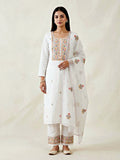 White cotton linen cross stitch embroidery suit set with kurta, pants, and dupatta by Karchobi, showcasing detailed traditional design.