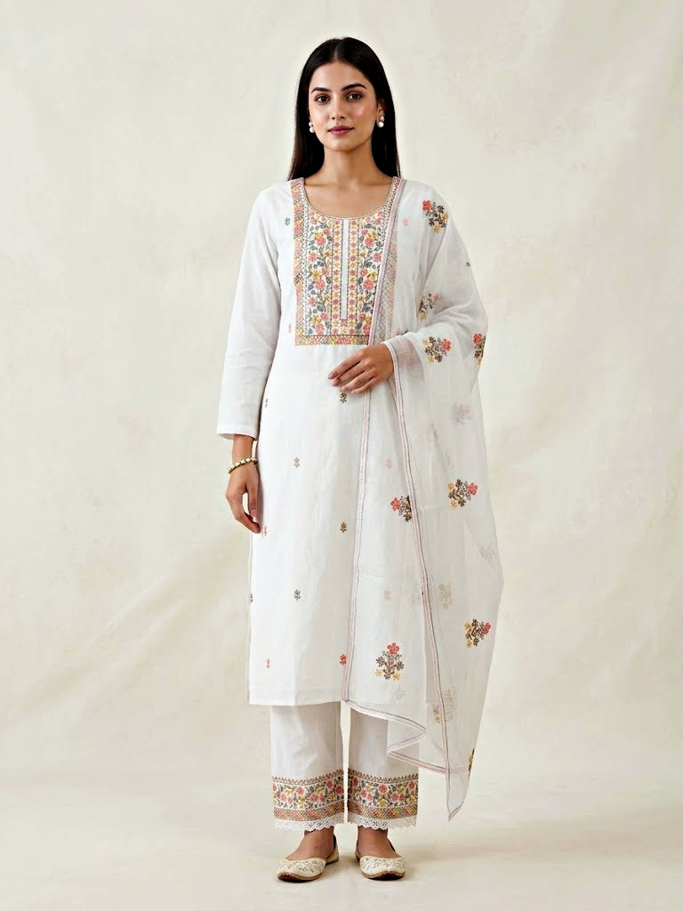 White cotton linen cross stitch embroidery suit set with kurta, pants, and dupatta by Karchobi, showcasing detailed traditional design.