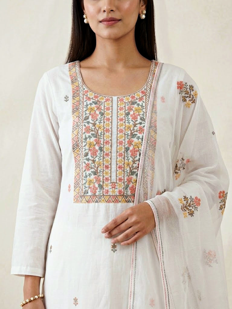 White cotton linen cross stitch embroidery suit set with kurta, pant, and dupatta from Karchobi, showcasing intricate embroidery details.