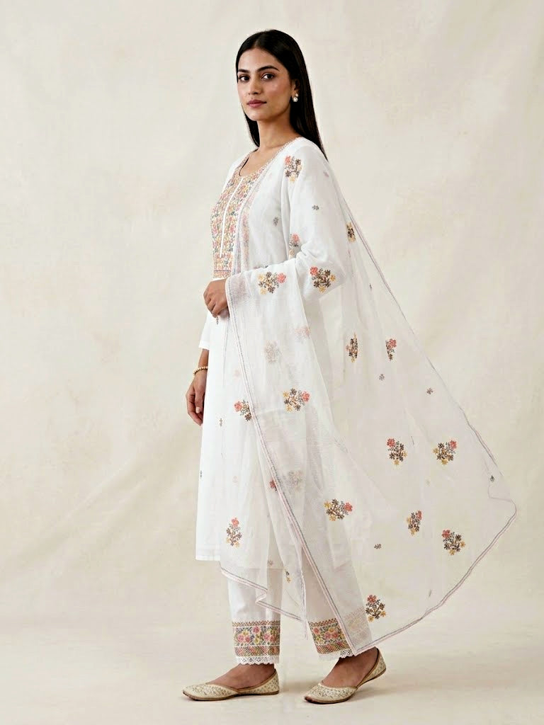 White cotton linen cross stitch embroidery suit set for women, includes kurta, pants, and dupatta by KARCHOBI.