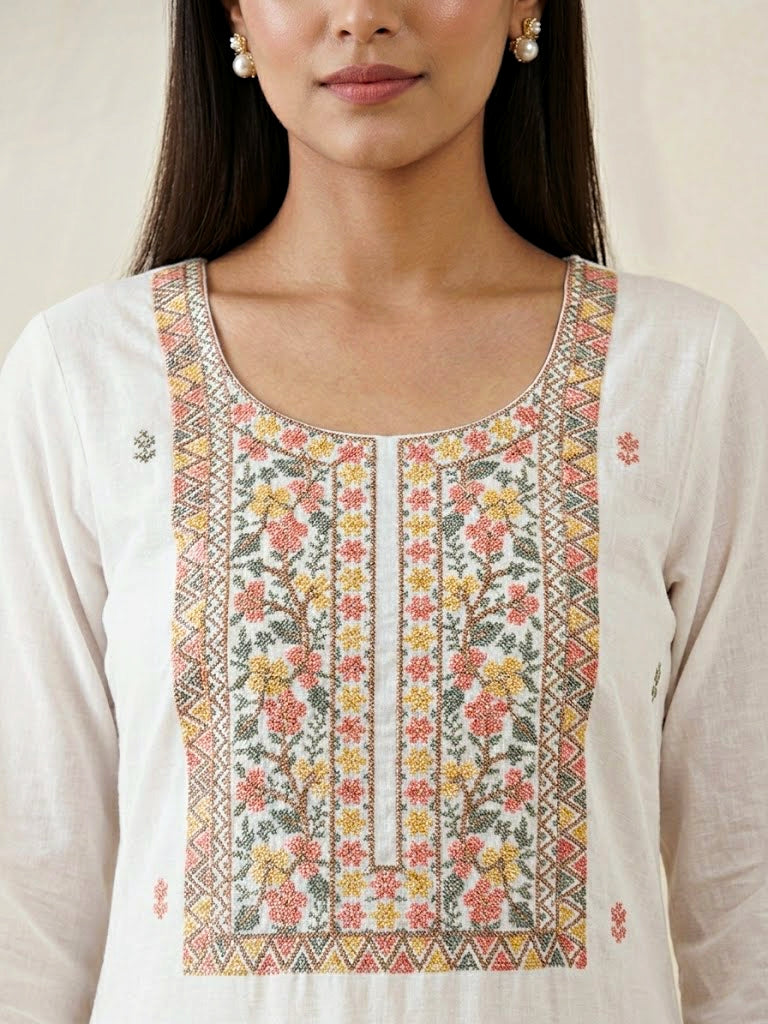 White cotton linen suit set with cross-stitch embroidery, includes kurta, pants, and dupatta, by Karchobi.