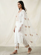 White cotton linen suit set with cross stitch embroidery, includes kurta, pants, and dupatta from Karchobi for women.