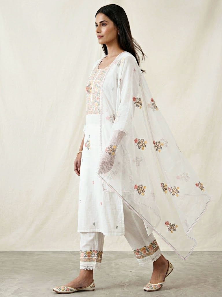 White cotton linen suit set with cross stitch embroidery, includes kurta, pants, and dupatta from Karchobi for women.