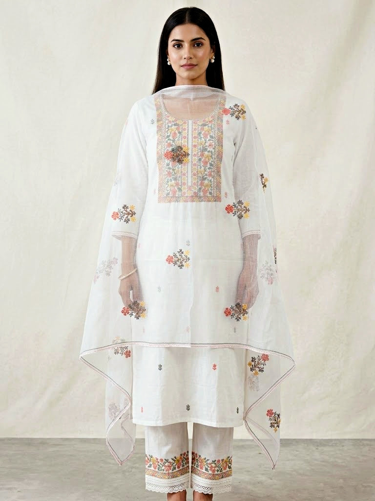 White cotton linen cross-stitch embroidery suit set with kurta, pants, and dupatta by Karchobi, featuring intricate embroidery details.
