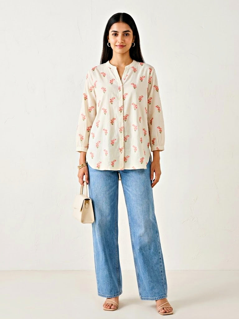 Off-White pink floral embroidery cotton shirt by Karchobi, featuring casual work wear style and detailed floral embroidery.