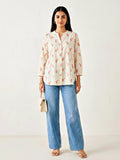 Off-White pink floral embroidery cotton shirt by Karchobi, featuring casual work wear style and detailed floral embroidery.