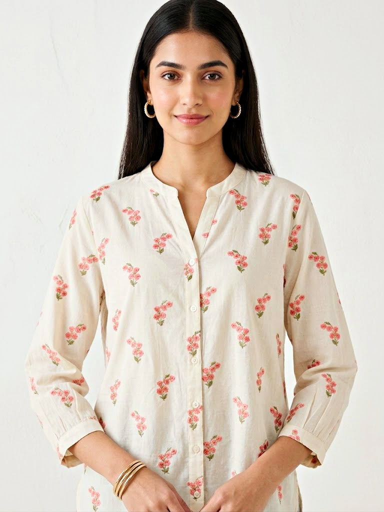 Karchobi off-white cotton shirt with pink floral embroidery, casual workwear style, featuring detailed embroidery and comfortable fit.