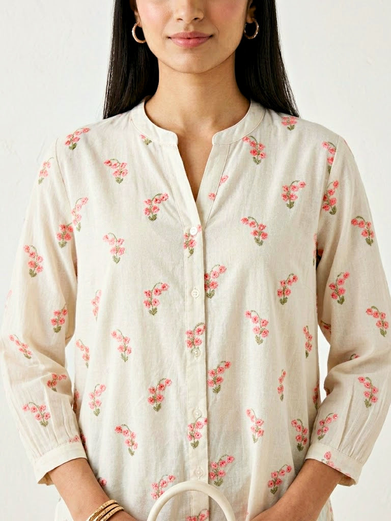 Pink cotton shirt with floral embroidery by Off-White, featuring casual and workwear style from KARCHOBI.