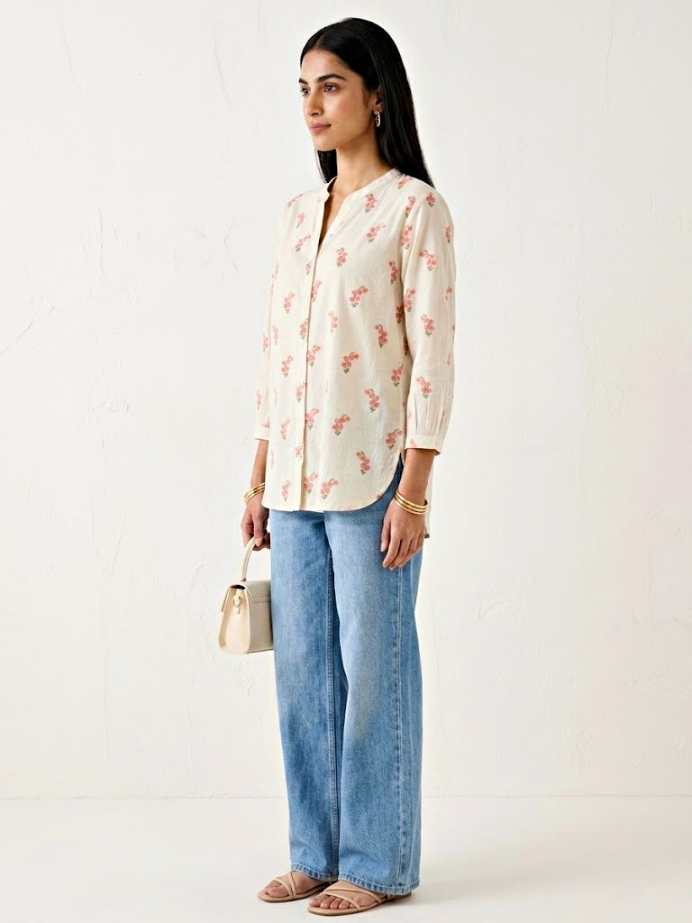 Pink cotton shirt by Karchobi with floral embroidery, casual and workwear style, featuring detailed embroidery on the front.
