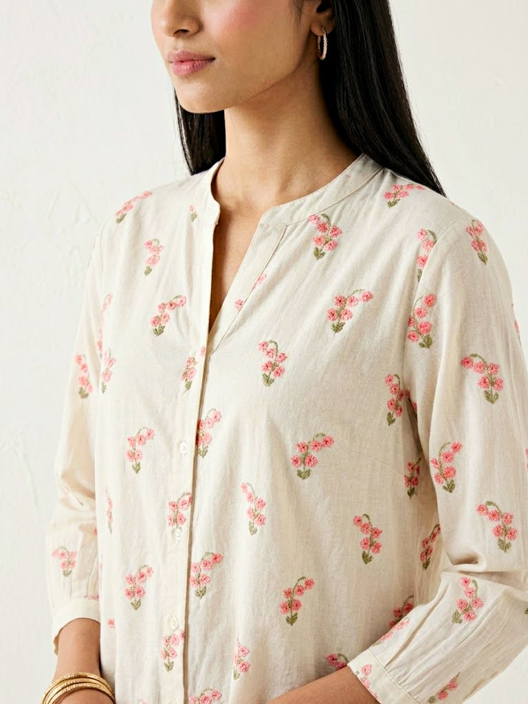 Pink cotton shirt with floral embroidery by Off-White, casual and work wear suitable for stylish, comfortable outfits.