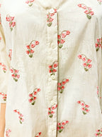 Off-White pink floral embroidery cotton shirt by Karchobi, featuring casual workwear style and detailed floral embroidery.