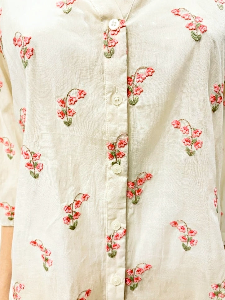 Off-White pink floral embroidery cotton shirt by Karchobi, featuring casual workwear style and detailed floral embroidery.