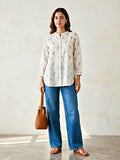 Off-White lilac floral embroidery cotton shirt by Karchobi, featuring casual and work wear style with detailed floral embroidery.