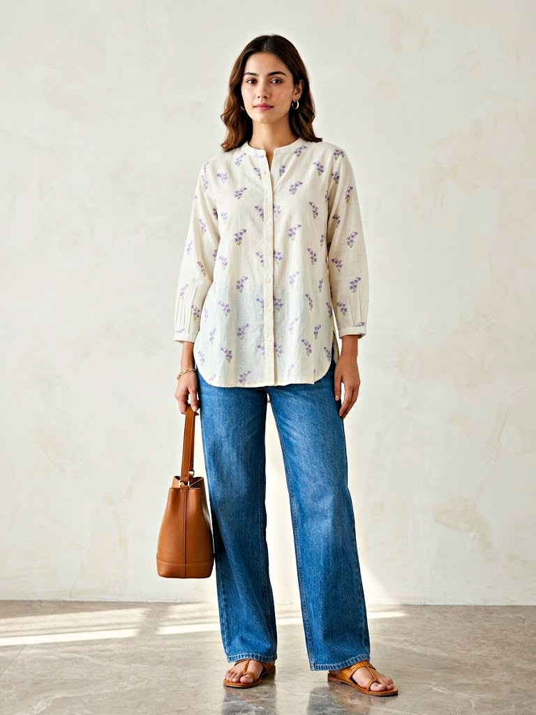 Off-White lilac floral embroidery cotton shirt by Karchobi, featuring casual and work wear style with detailed floral embroidery.