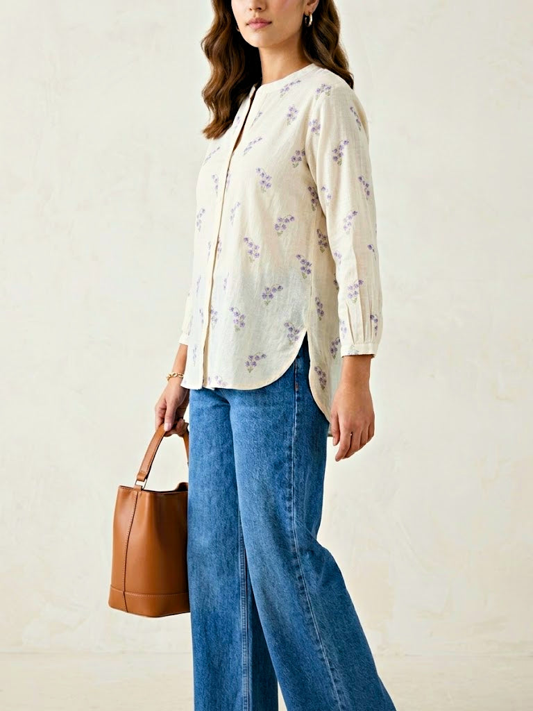 Off-White lilac floral embroidery cotton shirt by Karchobi, featuring casual and work wear style with detailed floral embroidery.